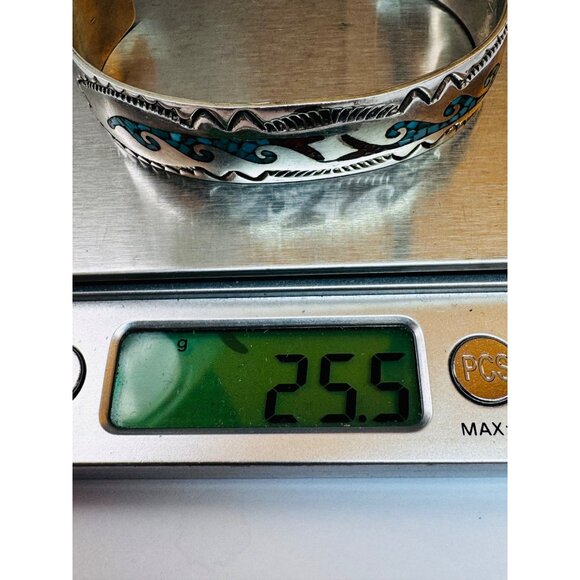 Vintage Sterling Silver Turquoise Coral Inlay Cuff Bracelet Southwestern Design - Picture 11 of 11